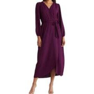 Connected Apparel Women’s Plum Long Sleeve Faux Wrap Midi Dress NWT 10
